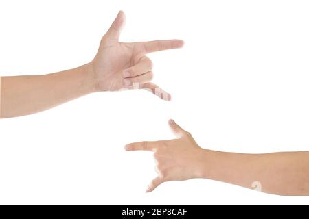 Hand mit I Love You, Hand Sprache, isoliert auf weißem Hintergrund. Mit Clipping-Pfad Stockfoto