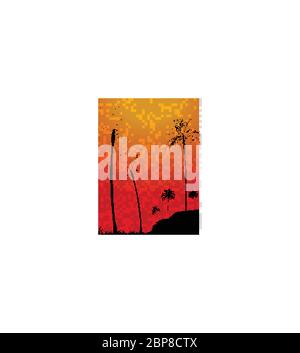 Tropischer Sonnenuntergang Rot Und Gelb Porträt Hintergrund Mit Palmen Und Gras Schwarz Silhouetten Stock Vektor