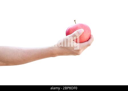 Hand hält einen roten apfel isoliert auf weißem Hintergrund mit Beschneidungspfad. Stockfoto