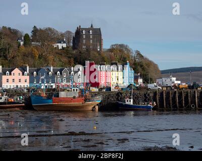 Boote, die bei Ebbe festgemacht werden, und farbenfrohe Gebäude an der Hafenfront in Tobermory auf der Isle of Mull, Schottland Stockfoto