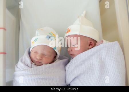 April 2020. Neugeborene Zwillinge und Zwillinge, die in einem Kinderbett schlafen, geboren am 7. April 2020 während der Coronavirus-Sperre im St. Thomas' Hospital, LDN Stockfoto