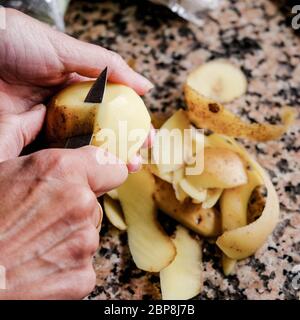 Frau schält frische rohe Kartoffeln bereitet ein Familienessen Stockfoto