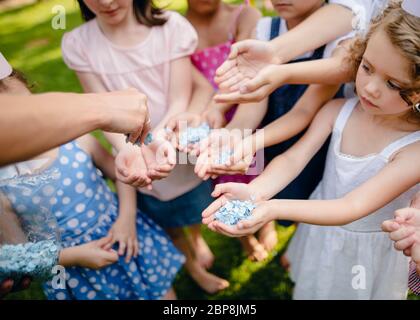 Unkenntlich kleine Kinder im Freien im Garten im Sommer, halten Konfetti. Stockfoto