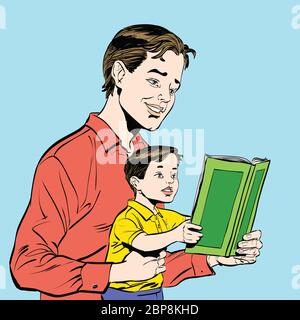 Vater und Sohn ein Buch lesen, Skizze Vector Illustration. Literatur und Bildung Stockfoto