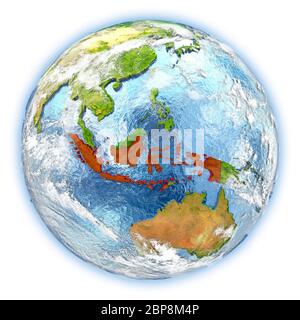 Indonesien in Rot hervorgehoben auf dem Planeten Erde. 3D-Abbildung auf weißem Hintergrund. Elemente dieses Bild von der NASA eingerichtet. Stockfoto