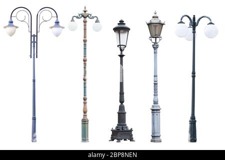 Real vintage street lamp Beiträge und Laternen, von fünf Aussenleuchte Beiträge auf weißem Hintergrund einstellen Stockfoto