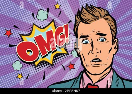 Omg pop art Mann überraschen Abbildung. Comic Text Blase. Menschliche Gefühle. retro Comic Vector Illustration Stockfoto