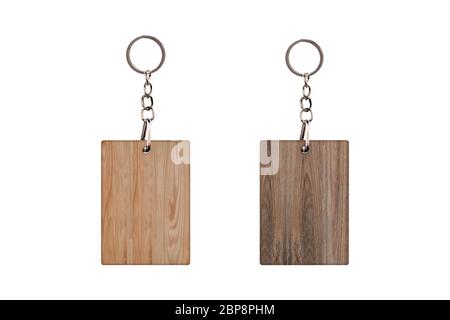 Vintage Schlüsselanhänger mit Holzbrett isoliert auf weißem Hintergrund. Platz für Ihr Design Stockfoto