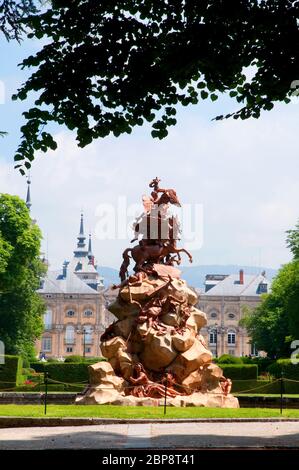 La Fama Brunnen. La Granja de San Ildefonso, Provinz Segovia, Kastilien-León, Spanien. Stockfoto