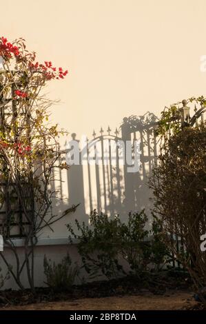 Seltsame Schatten eines Gartentores an einer Wand Stockfoto