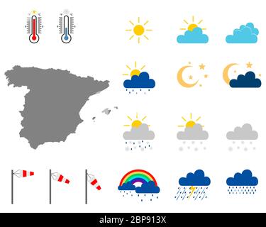 Karte von Spanien mit Wettersymbolen Stockfoto