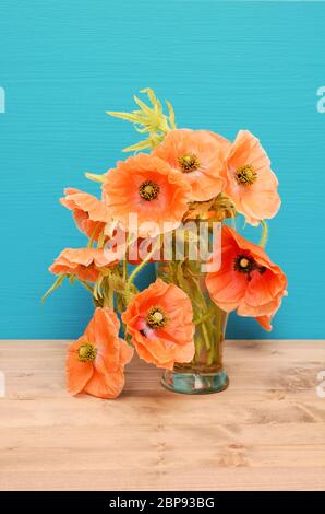 Vase mit beiläufig arrangiert blass rosa Mohnblumen auf einem hölzernen Tisch gegen einen türkisen Hintergrund Stockfoto