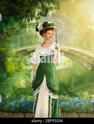 Porträt einer eleganten Jane Austen Stil Frau, die in einem Park an einem Sommertag, Regency Kleid, 3d-Rendering Stockfoto