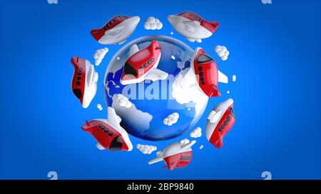 Flugzeuge rund um die Welt - 3D-Darstellung Stockfoto