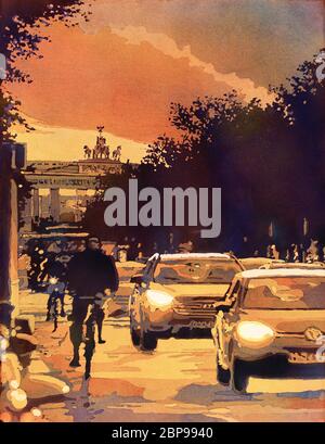 Brandenburger Tor in Berlin, Deutschland bei Sonnenuntergang. Aquarell Malerei Brandenburger Tor Berlin Kunstwerk Deutschland Kunst Stockfoto