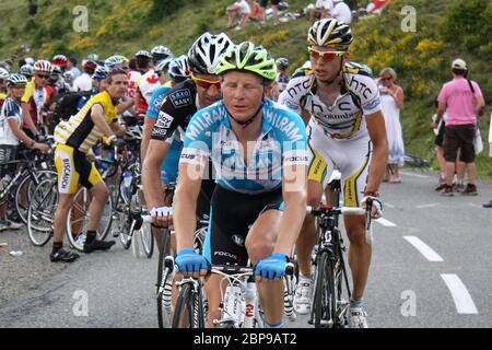 Fabian Wegmann vom Team Milram und Tony Martins von HTC-Columbia während der Tour de France 2010, Etappe 8 Radrennen, Station des Rousses – Morzine-Avoriaz (189 km) am 11 2010. Juli in Morzine-Avoriaz, Frankreich - Foto Laurent Lairys / DPPI Stockfoto