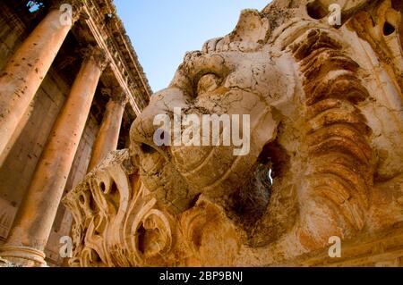 Lyon Kopf Statue und Bacchus Tempel . Archäologische Stätte von Baalbek, UNESCO-Weltkulturerbe. Bekaa-Tal. Libanon. Stockfoto