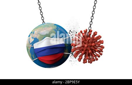 Coronavirus zerschmettern in die Welt mit einer russischen Gesichtsmaske. 3D-Rendern Stockfoto