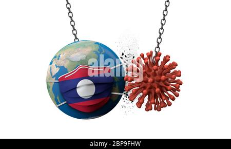 Coronavirus zerschmettern in die Welt mit einer Laos Gesichtsmaske. 3D-Rendern Stockfoto