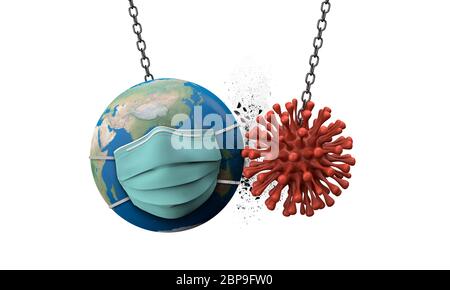 Coronavirus zerschmettern in die Welt mit einer Gesichtsmaske. 3D-Rendern Stockfoto