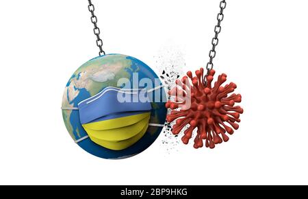 Coronavirus zerschmettern in die Welt mit einer Ukraine Gesichtsmaske. 3D-Rendern Stockfoto