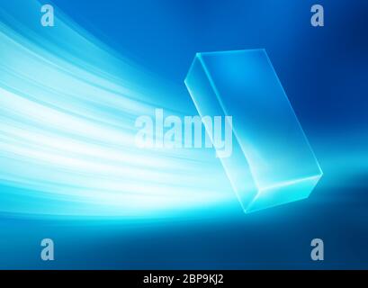 Abstrakt Blau Thema Hintergrund whit weiß Kurven und transparente Einzelne vertikale 3d-box Stockfoto