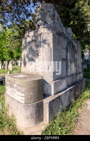 Steinlöwe auf dem riesigen Grab von John Jackson, Boxweltmeister auf dem Brompton Cemetery, einem der prachtvollen Seven London Friedhöfe Stockfoto