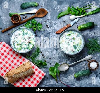 Sommer kalte Suppe. Okroshka. Gemüse kalte Suppe. russische Speisen. traditionellen Russischen Sommer kalte Suppe Stockfoto