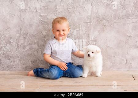 Niedlichen kleinen Jungen spielen mit kleinen weißen Welpen. Erste beste Haustier Freund Konzept Stockfoto