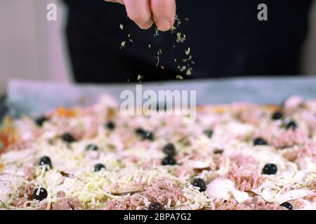 Traditionelle Pizzaküche vom italienischen Koch zu Hause. Hinzufügen von Oregano. Stockfoto