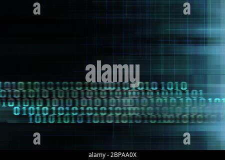 Binäre Code-Daten-Bit-Bildschirm-Anzeige auf dunkelblauem Hintergrund. Matrix des Datenflusses. Aufstieg des Big Data KI-Zeitalters. Datenübertragung mit künstlicher Intelligenz. Stockfoto