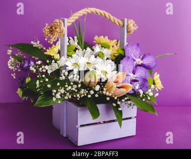 Schöner Blumenstrauß in lila Holzkorb auf lila Hintergrund. Orchideen, Chrysanthemen, Lilien, Kamillen floristische Zusammensetzung Stockfoto
