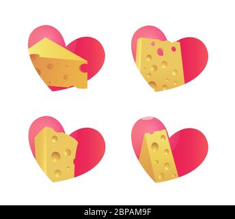 Käseemblem mit Herz. Set Aufkleber Valentines isoliert auf weiß. Stock Vektor
