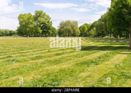 Der Stadtrat von Birmingham hat in öffentlichen Räumen das Gras in zwei Meter langen Streifen geschnitten, um die soziale Distanz während der Pandemie von Cover 19 zu fördern Stockfoto