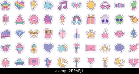 Linie und Füllung Stil Symbol Set Design, hübsch Patches Ausdruck Emoticon und Kindheit Thema Vektor-Illustration Stock Vektor