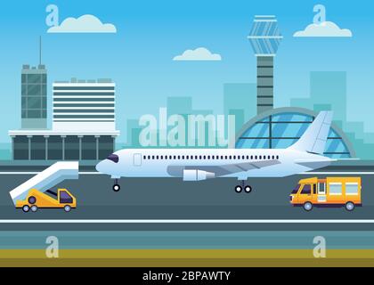 flughafen im Freien mit Kontrollturm und Flugzeug Stock Vektor