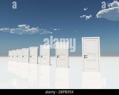 Mehrere Türen in surrealer Landschaft Stockfoto