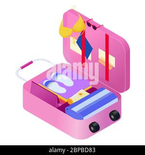 Koffer auf Rädern für Sommerferien. Rosa Koffer mit Gepäck in isometrischen Stock Vektor-Illustration Stock Vektor