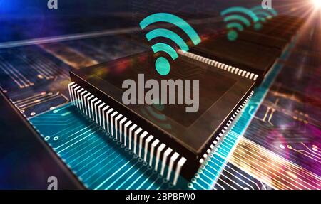Drahtloses Wi-Fi-Kommunikationsnetzwerk. 5G, Mobilfunkverbindung, digitale Netzwerktechnik Konzept Produktionslinie Abstract 3d Rendering Illustration. Stockfoto