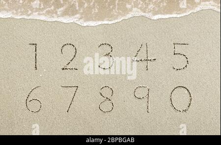 Buchstaben handgeschrieben im Sand am Strand Stockfoto