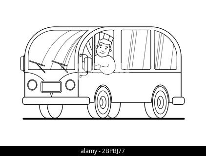 Minivan travel ein Mann fährt ein Auto. Glücklich Cartoon Mann in einem Retro-Minivan. Roadtrip, Sommerurlaub, Konturvektordarstellung. Zum Ausmalen Buch pa Stock Vektor