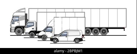 Lieferung von Waren und Paketen mit verschiedenen LKWs, Lastkraftwagen, LKW. Vektorsatz. LKW im Parkplatz Seitenansicht. Weiße leere Fahrzeugschablone für eine Stock Vektor