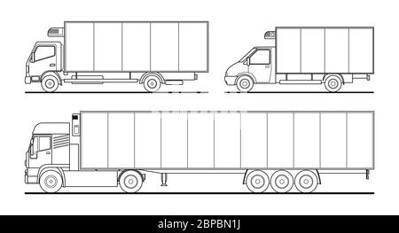 Vector Kontur Set von verschiedenen Kühlwagen, Kühlschrank-Sattelauflieger. Weiße leere Vorlage LKW für Werbung, zum Ausmalen Bücher. Freigh Stock Vektor