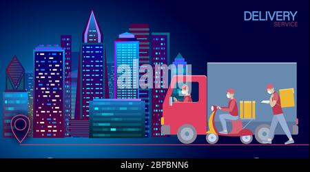 Liefersatz Cartoon Versand Auto LKW zu Fuß Kurier. Schutzmasken für Motorroller-Service. Coronavirus kontaktloser Abstand flacher Vektor Stock Vektor