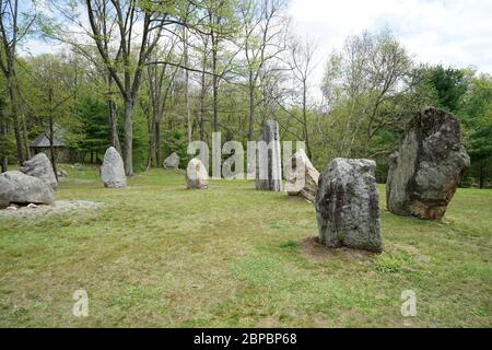 Mehrere große Felsbrocken, die in einem Kreis in einem Grasgebiet neben einem Stück Bäume angeordnet sind. Stockfoto