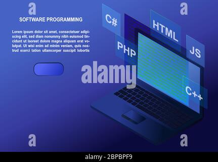 Software-Entwicklung und Programmierkonzept. Programmcode auf dem Laptop-Bildschirm. Isometrische Vektordarstellung für Vorlage für Landing Page. Stock Vektor