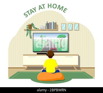 Der Junge sitzt vor dem Fernseher, spielt Videospiele, die Konsole. Blieb zu Hause, Quarantäne, Isolation. Modernes flaches Vektorbild. Stock Vektor