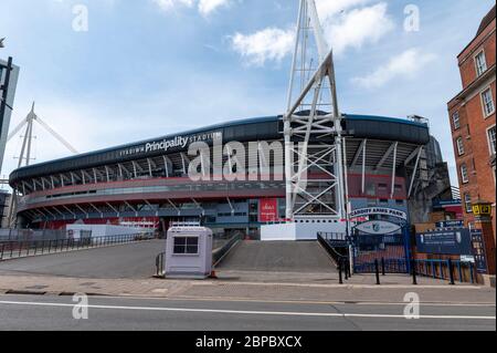 Cardiff City Centre, am 18. März 5/20 während der Covid 19 Lockdown fotografiert. Alles ruhig im Fürstentum Stadion. Stockfoto