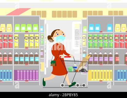 Eine junge Frau geht mit einem Lebensmittelkarren einkaufen. Mama läuft im Lebensmittelgeschäft herum, kauft Lebensmittel und Lebensmittel. Ein Mädchen in einem Kleid mit Handtasche läuft vorbei Stock Vektor