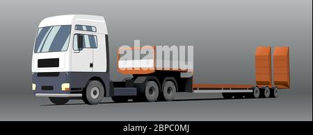 Vector LKW; Traktor, Tieflader Trawl für den Transport von Straßenausrüstung, Traktoren, Grader, Schaber, Planierraupen. Isoliert auf grauem Hintergrund. Stock Vektor